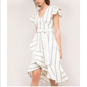 J.O.A. Whitney Ruffle Dress Blue Yellow Stripe S